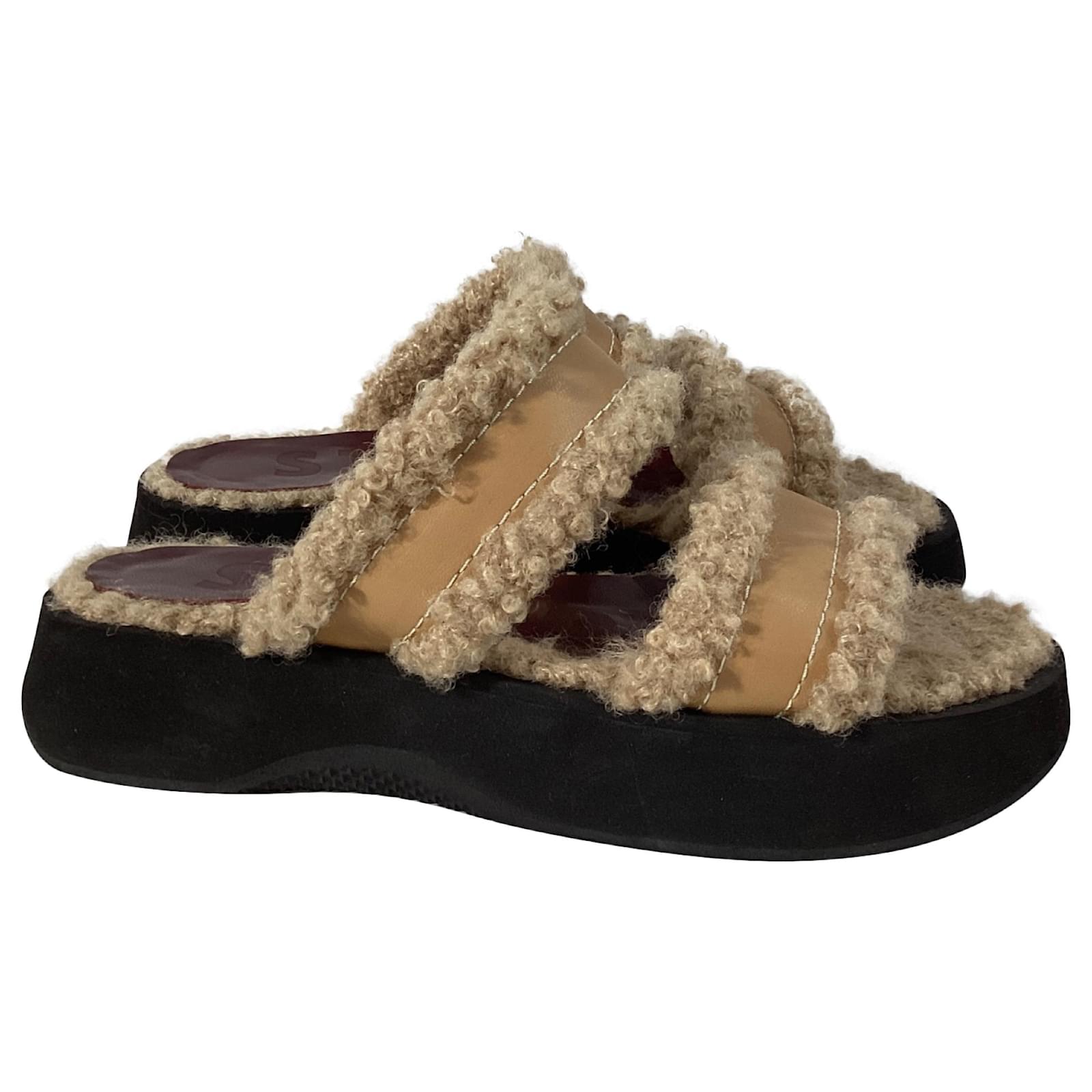  Staud Siesta Shearling Slide Sandals in Brown Leather Red  ref.2172960