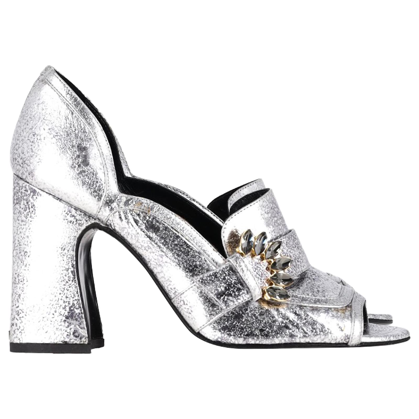 Erdem Peep Toe Block Heel Sandals in Silver Leather Silvery Metallic  ref.2155285