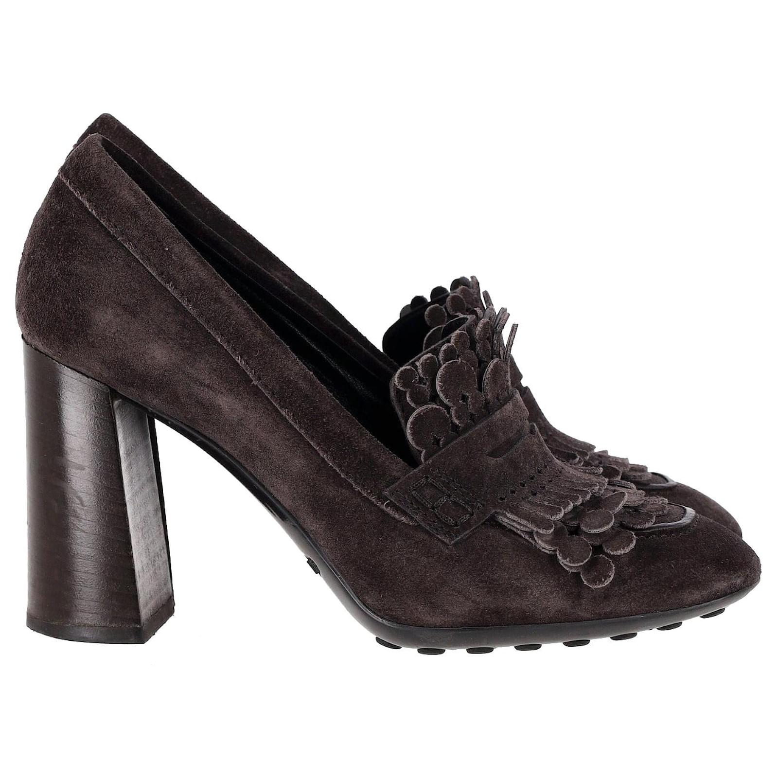 Tod's Fringe Block Heel Penny Loafer Pumps in Brown Suede  ref.1182749