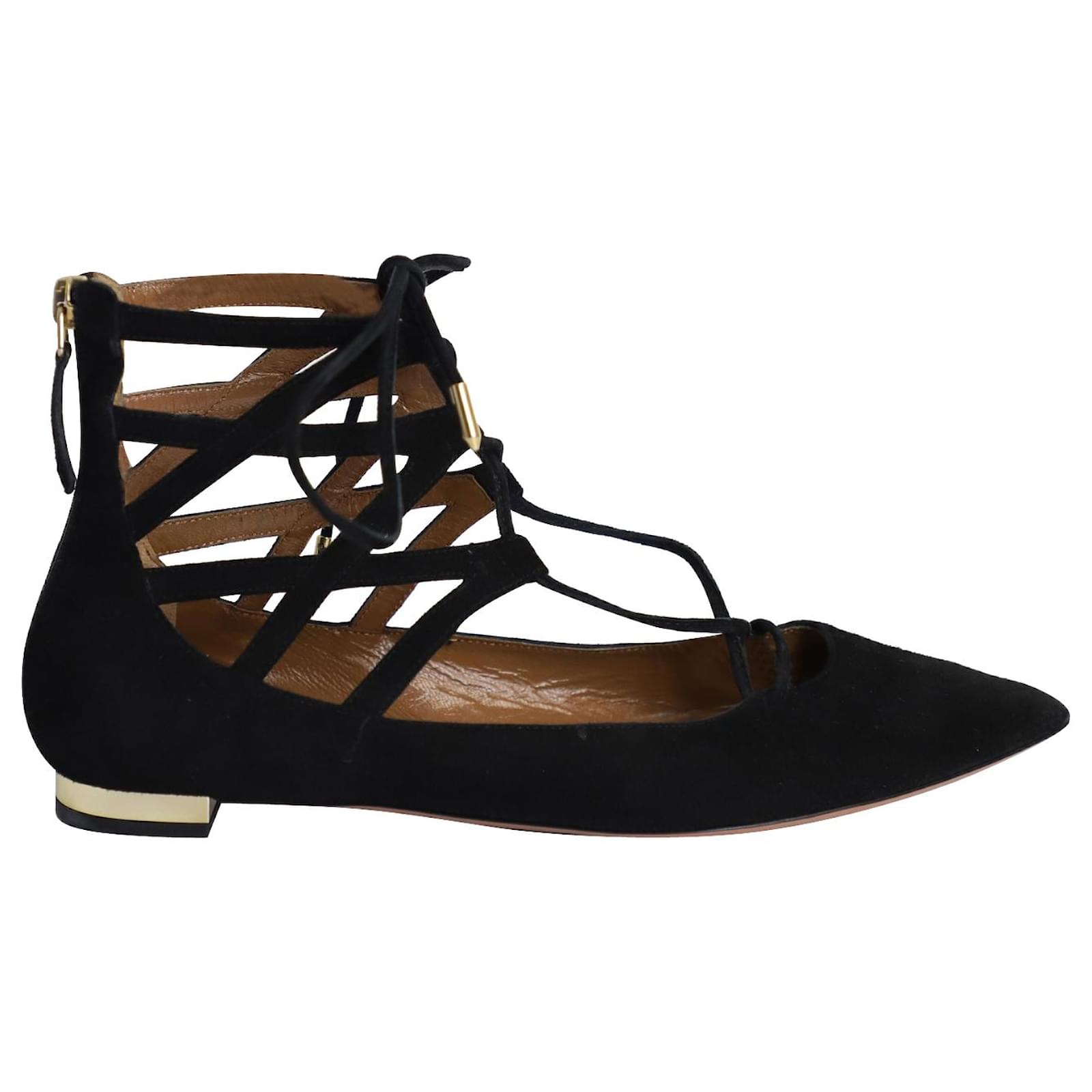 Aquazzura Belgravia Ankle Wrap Flats in Black Suede   ref.908180