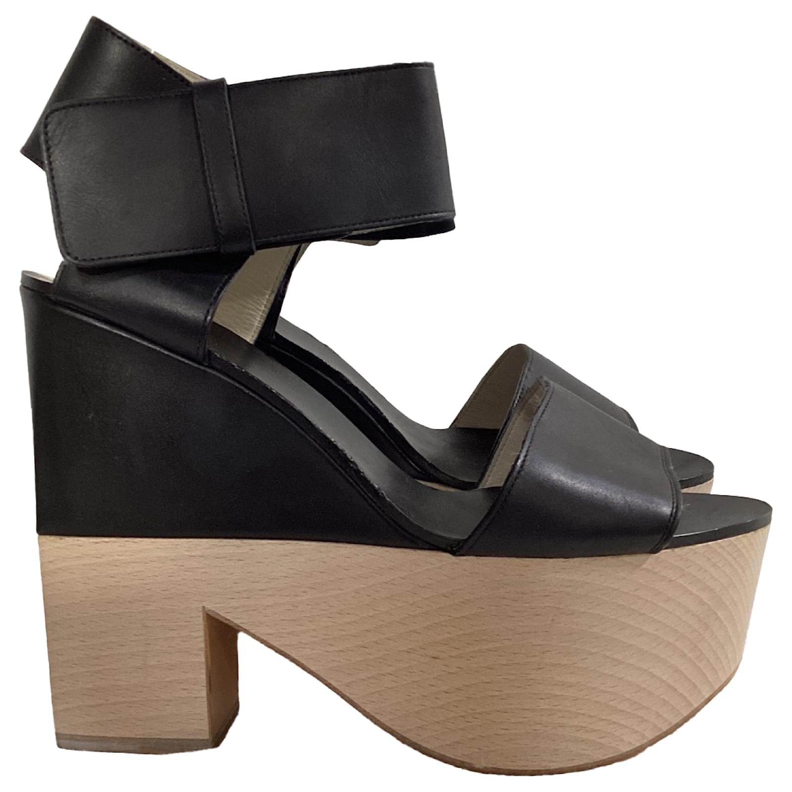 Céline  Celine Slingback Platform Sandal Heels in Black Leather Wood  ref.2127609