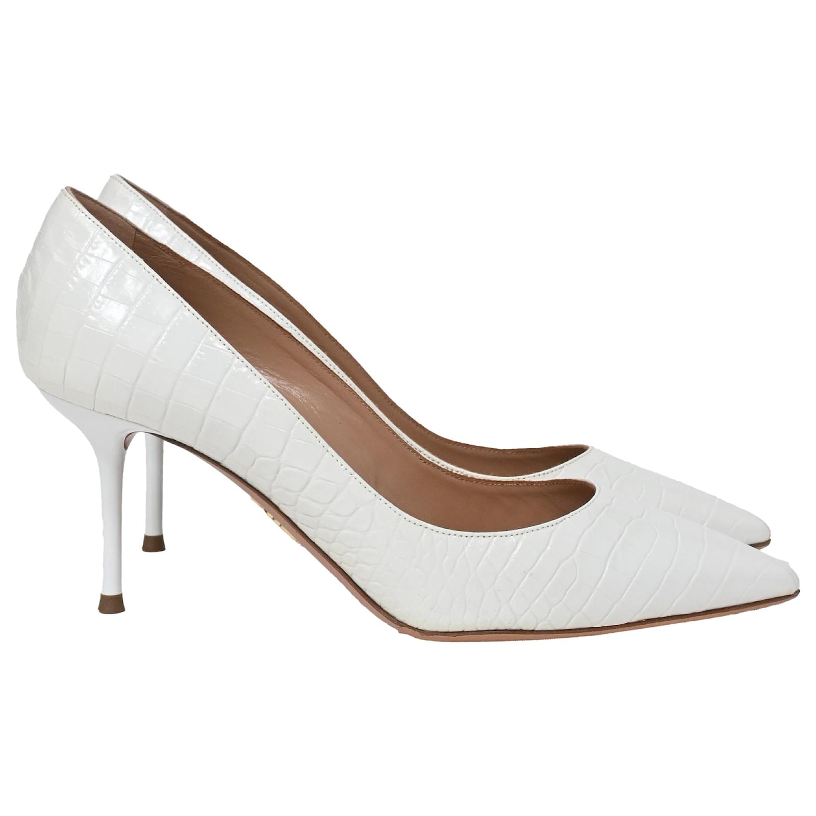  Aquazzura Crocodile-Embossed Pointed Pumps in White Leather  ref.1891302