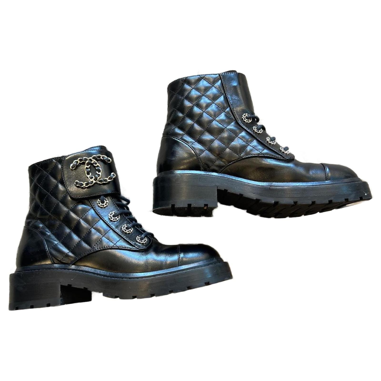 Chanel Lace Up Boots Black Leather  ref.2048989