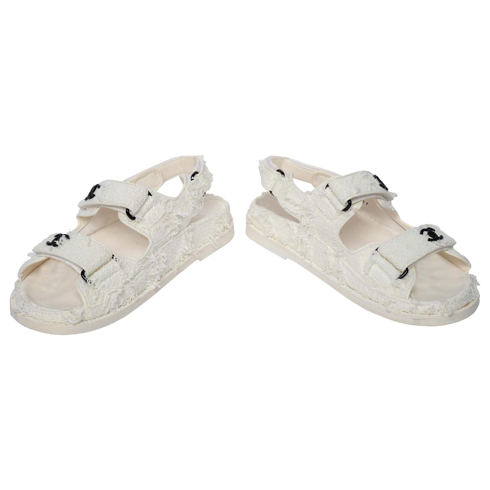 Chanel Tweed Dad Sandals White Wool  ref.2114355