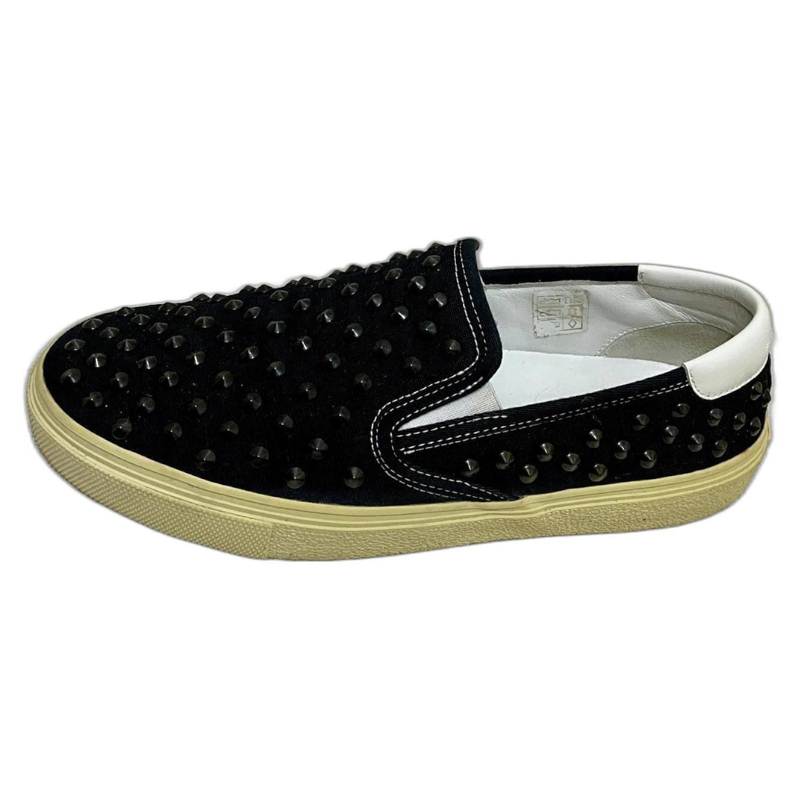 Saint Laurent Studded flats Black White Leather Cloth Metal  ref.2109077