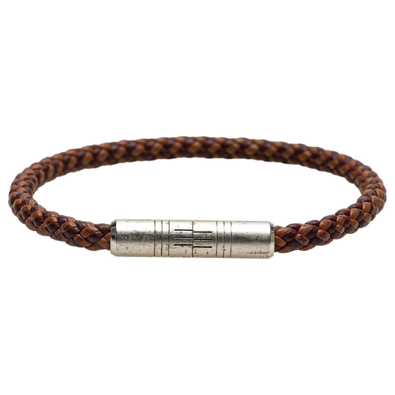 Hermès Brown Swift Dressage Single Tour Bracelet Silvery Leather Metal Pony-style calfskin Palladium  ref.2329666