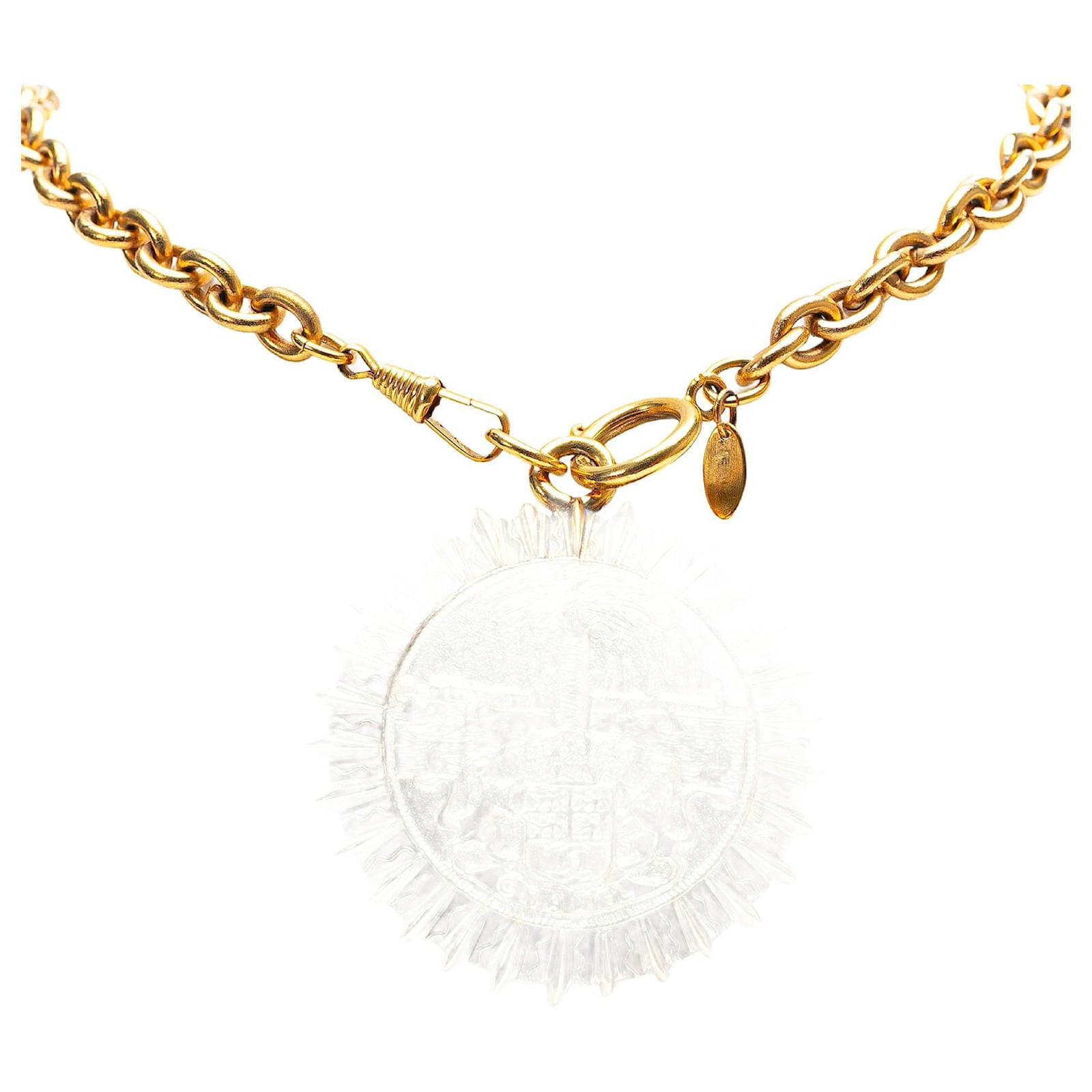 Chanel Gold Gold Plated Medallion Coat of Arms Sunburst Pendant Necklace Golden Metal Gold-plated  ref.2329582