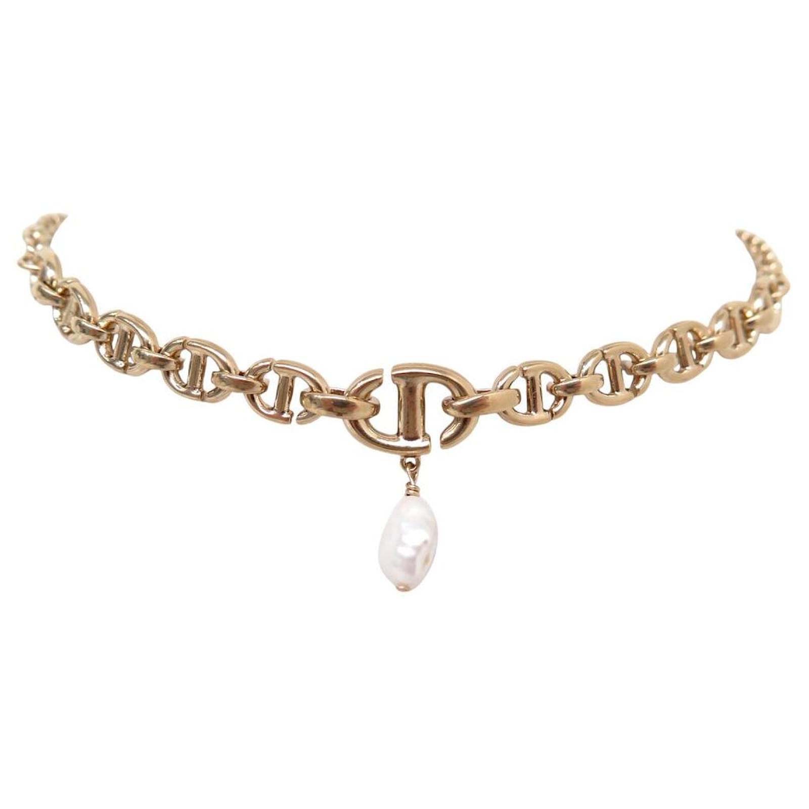 NEW CHRISTIAN DIOR CD LOGO CHAIN NECKLACE 41 GOLD METAL PEARL Golden  ref.2251089