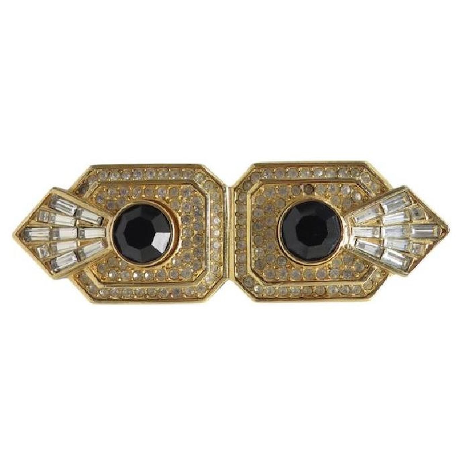 NINE VINTAGE BROOCH CHRISTIAN DIOR ART DECO STRASS AND ONYX IN GOLD PLATED METAL BROOCH Golden  ref.2206381