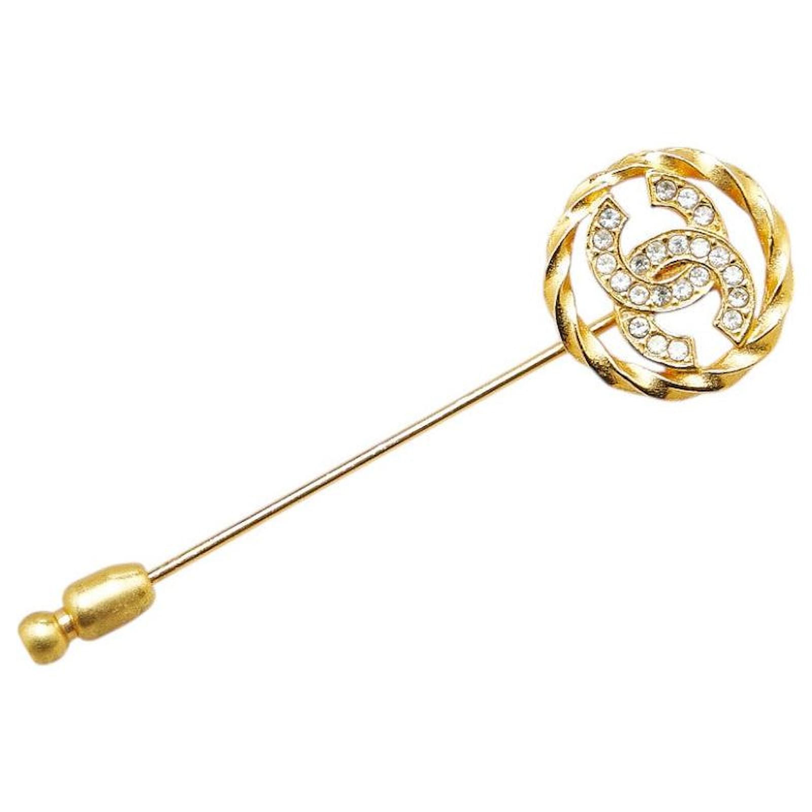 Chanel Gold Plated Coco Mark Rhinestone Brooch Golden Metal  ref.2327940
