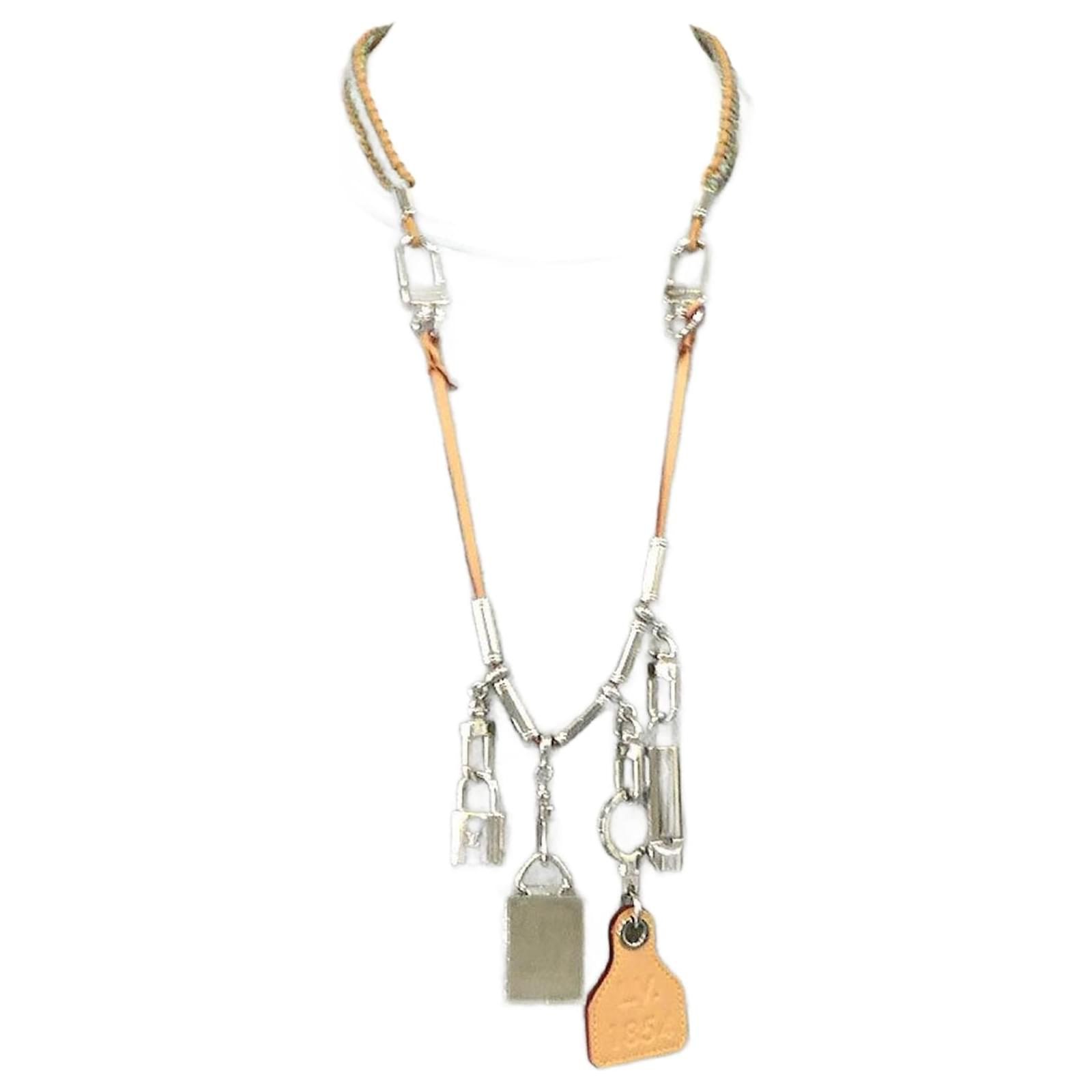 Louis Vuitton Men's Necklace Brown Silvery Beige Leather Metal  ref.2325280
