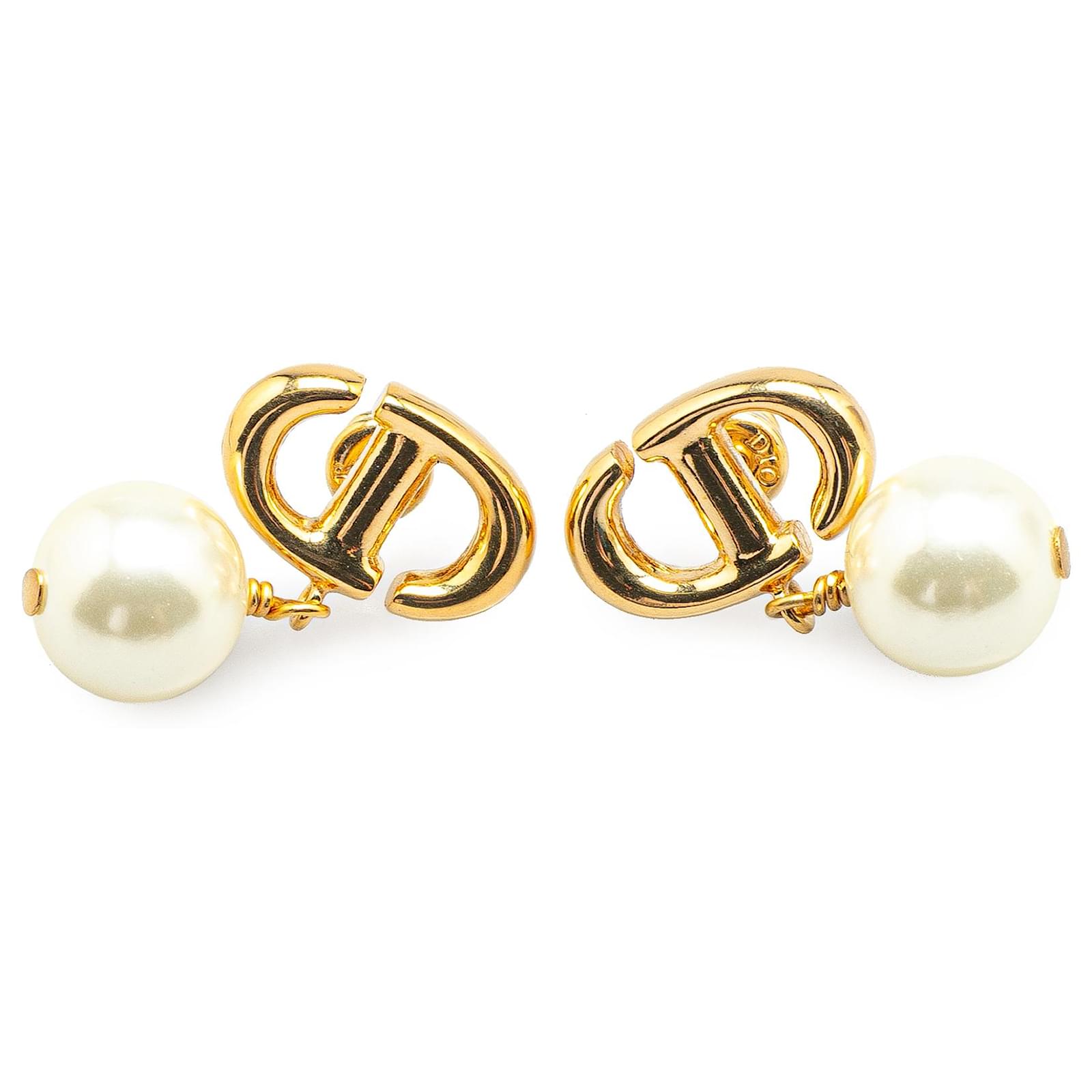 Dior Gold Gold Plated Faux Pearl CD Navy Push Back Earrings Golden Metal Gold-plated  ref.2324284