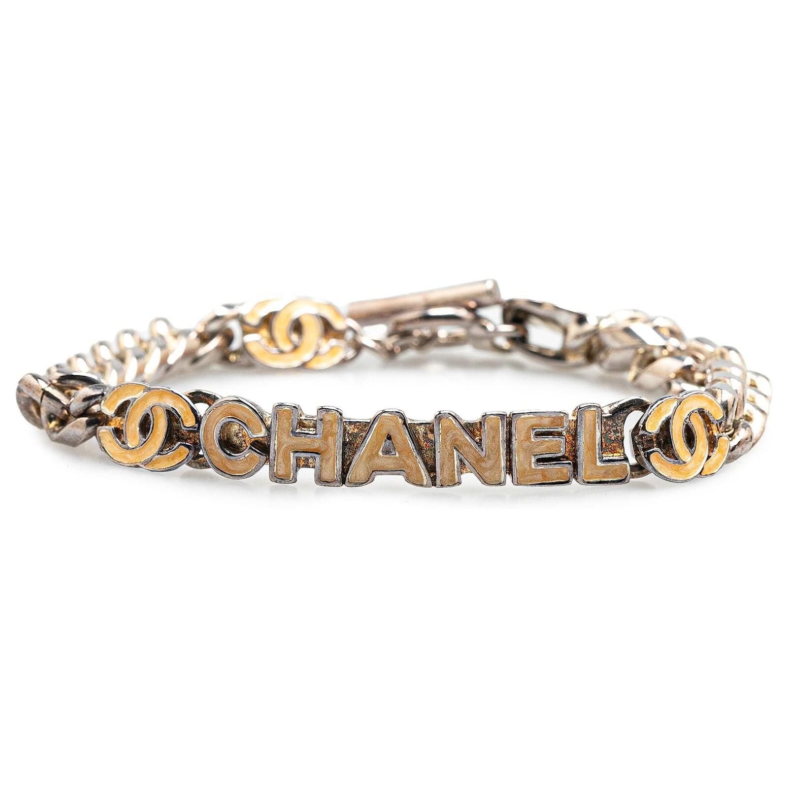 Chanel Silver Silver Plated Enamel Logo Bracelet Silvery Metal  ref.2316324
