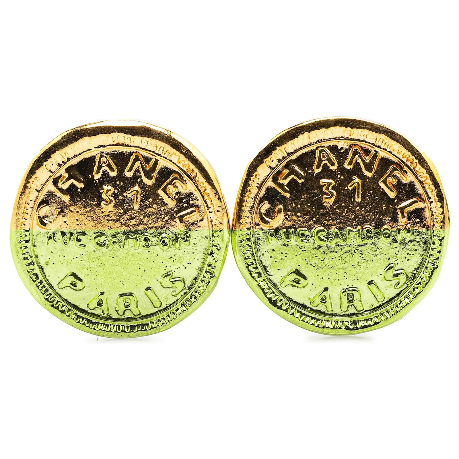 Chanel Gold Gold Plated Rue Cambon Round Clip on Earrings Golden Metal Gold-plated  ref.2316276