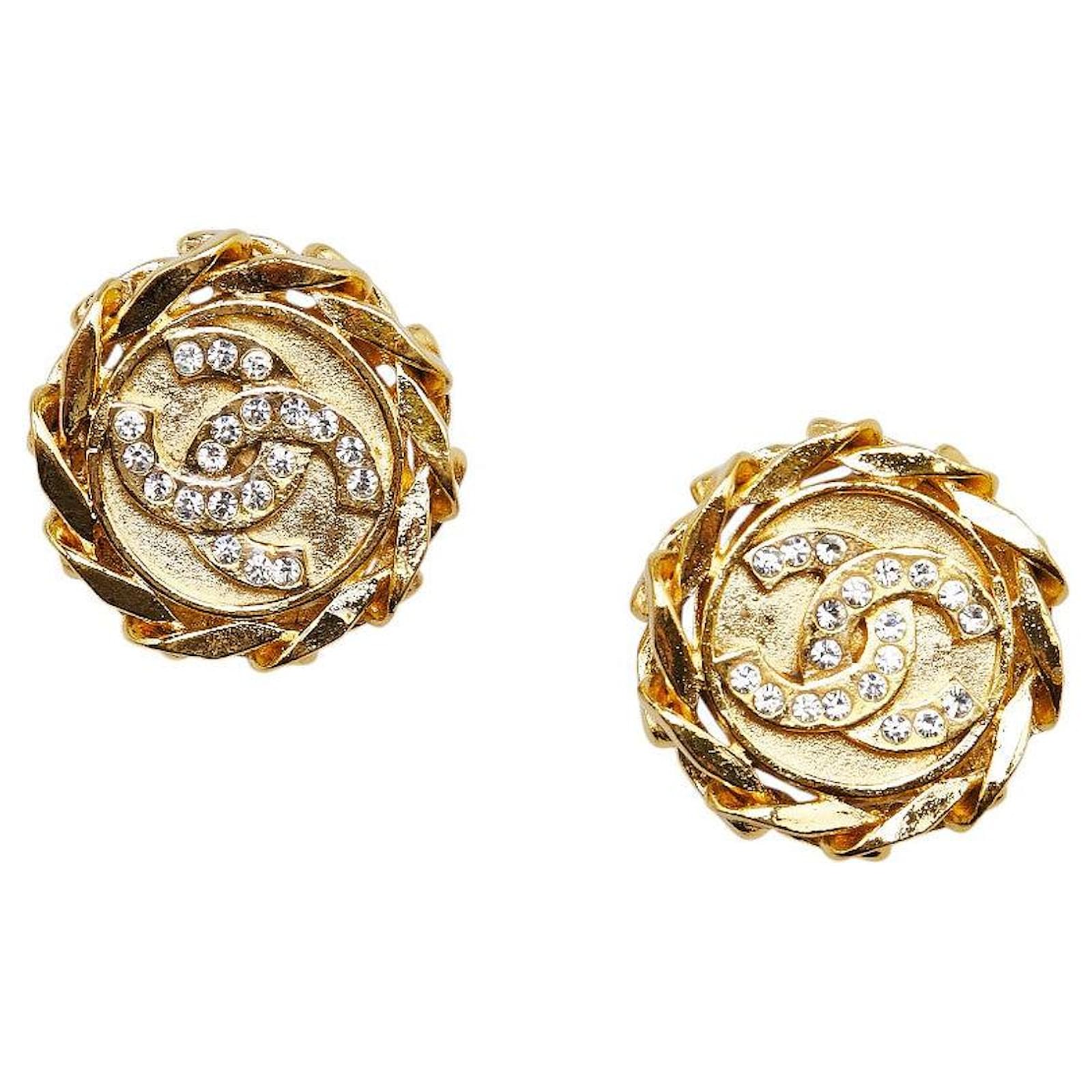 Chanel Coco Mark Rhinestone Earrings Golden Metallic Metal  ref.2323723