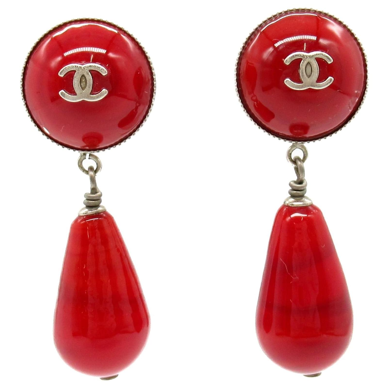 Chanel Coco Mark Silver Plated Earrings Red Metal  ref.2301450
