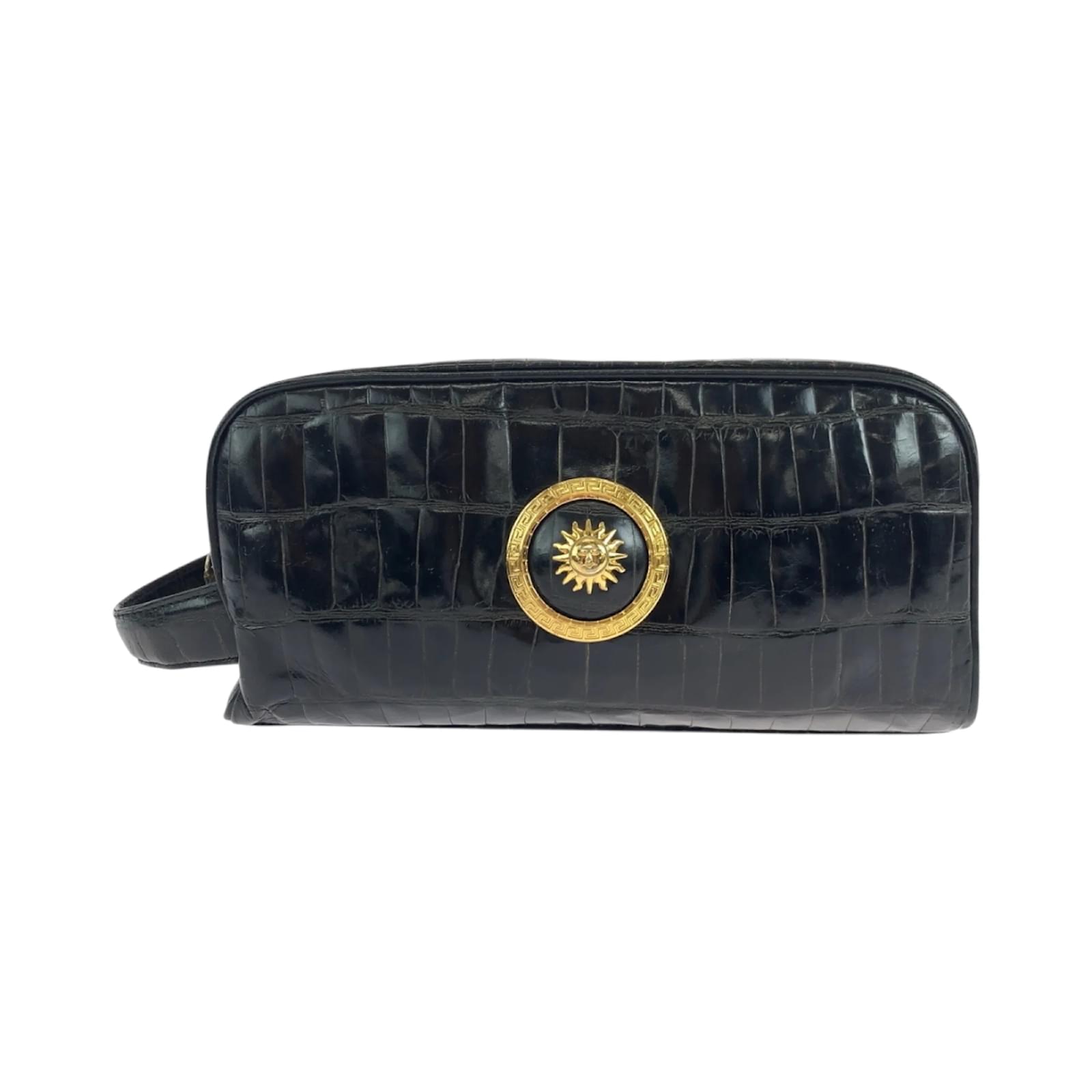 Versace Vintage Embossed Sunburst Black Leather Clutch Bag  ref.2293691