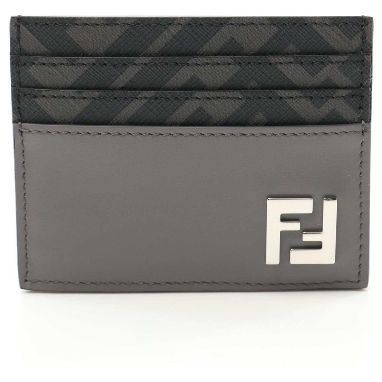 Fendi FF Business Card Holder Brown Black Leather Cloth  ref.2293569