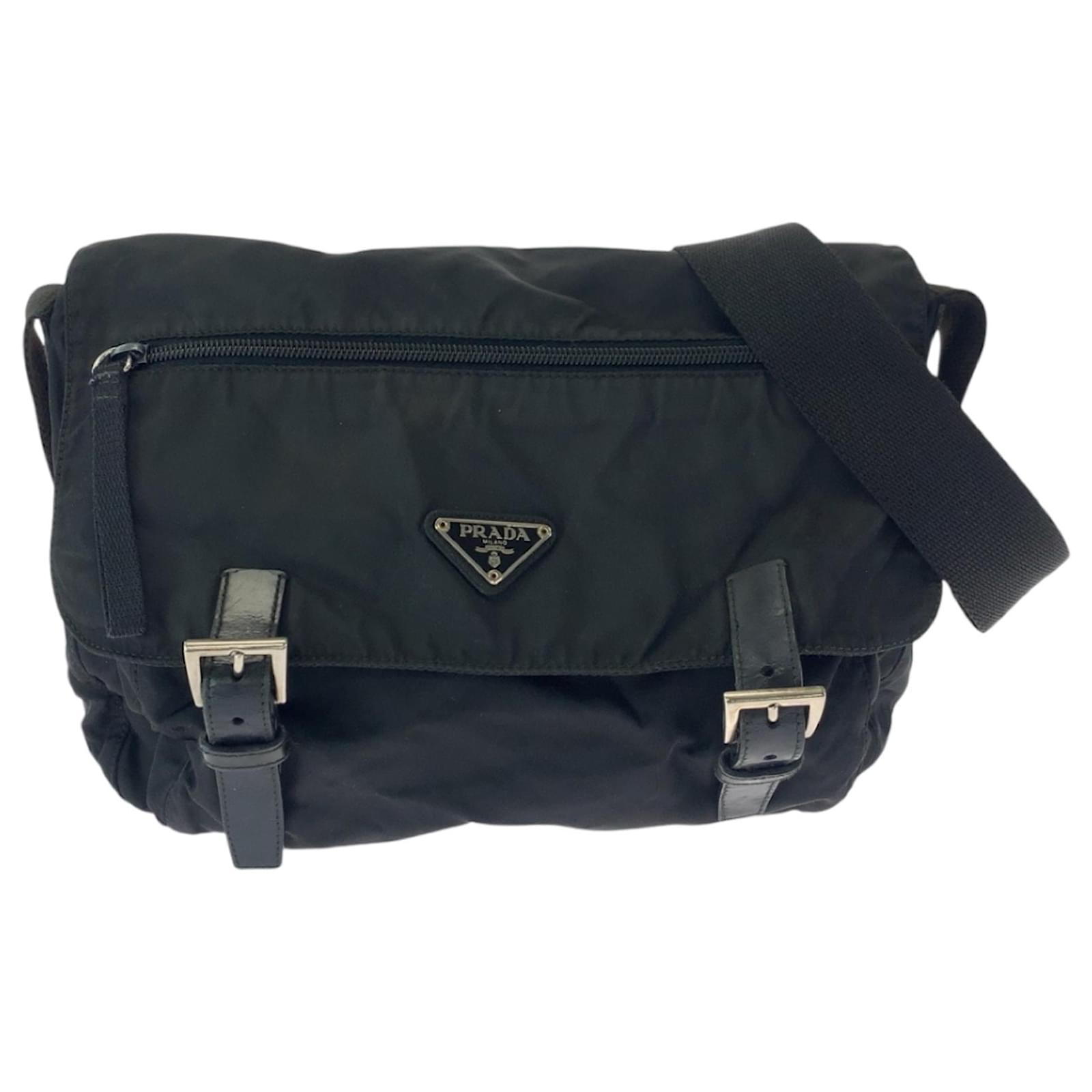 Prada Tessuto Triangle Logo Plate Messenger Bag Black Nylon  ref.2154278