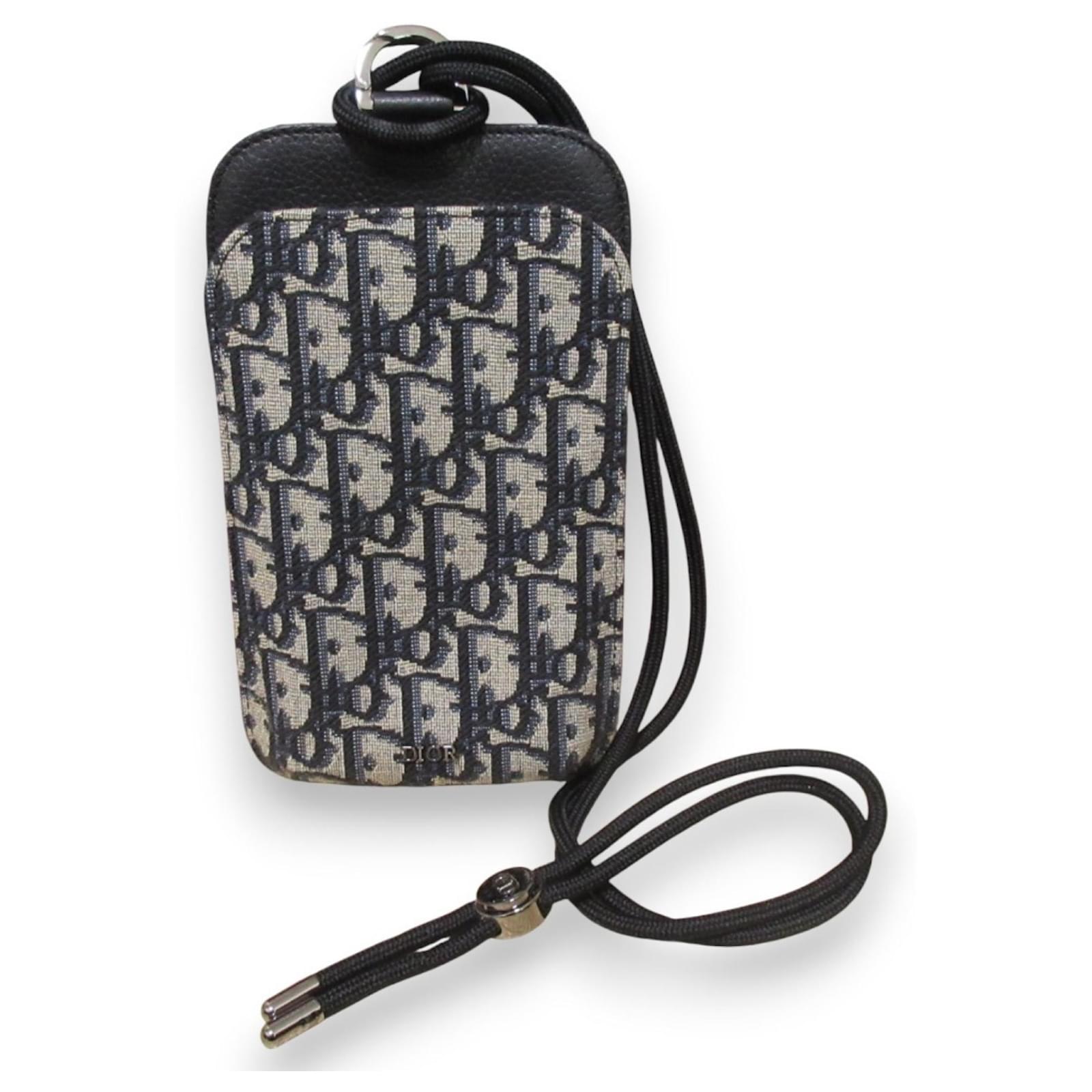 Christian Dior Oblique Jacquard Calfskin Phone Pouch Shoulder Bag Beige Navy blue Leather Cloth  ref.2293520