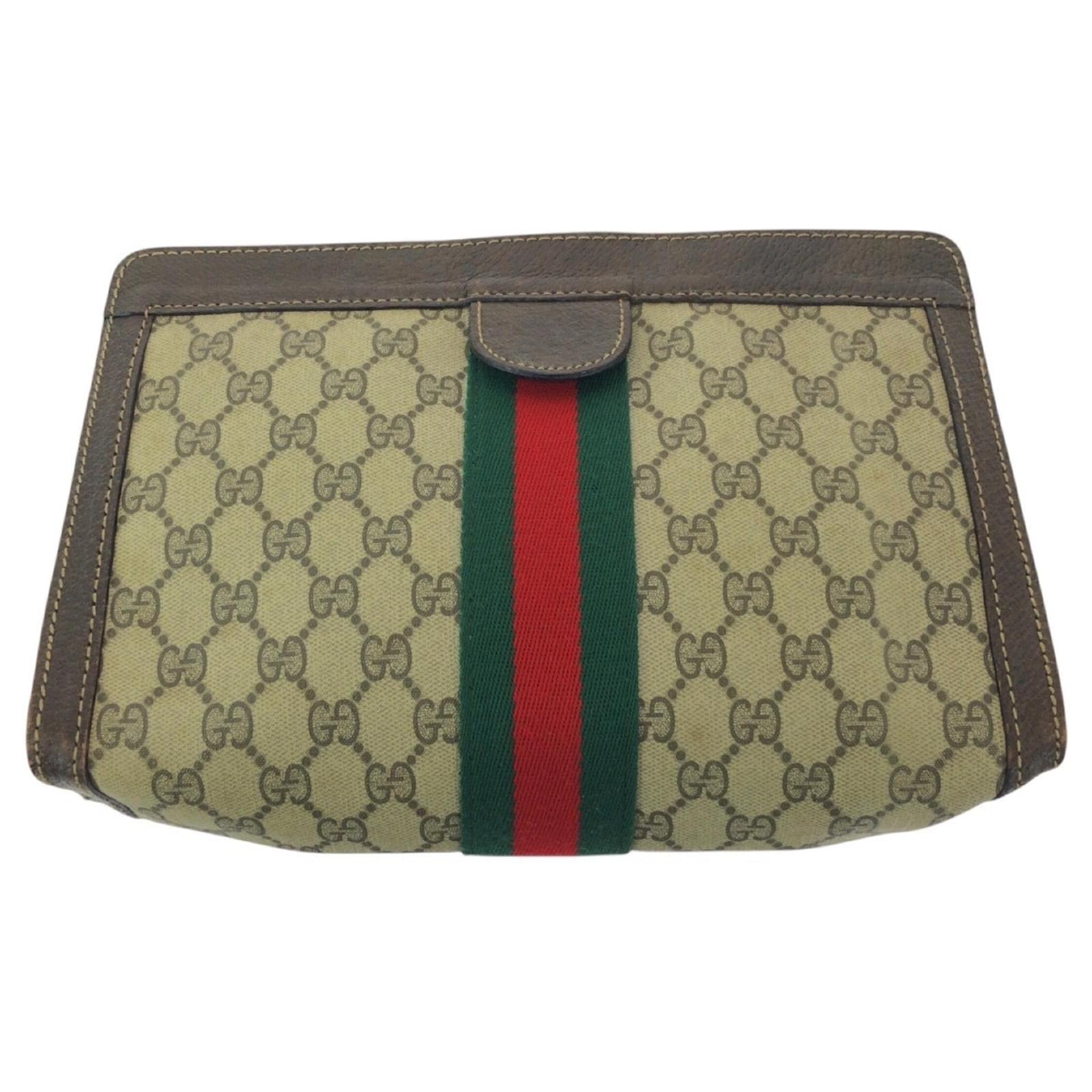 Gucci Vintage Old Sherry Line Clutch Bag Brown Beige Leather Cloth  ref.2293452