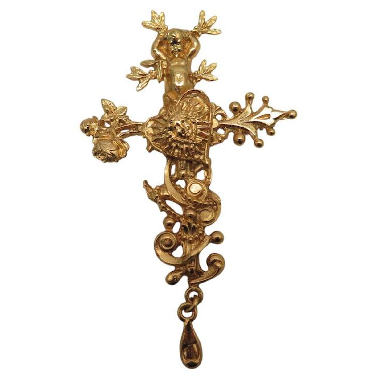 VINTAGE RARE BROOCH CHRISTIAN LACROIX FRENCH COMEDY CROSS PENDANT BROOCH Golden Metal  ref.2159412