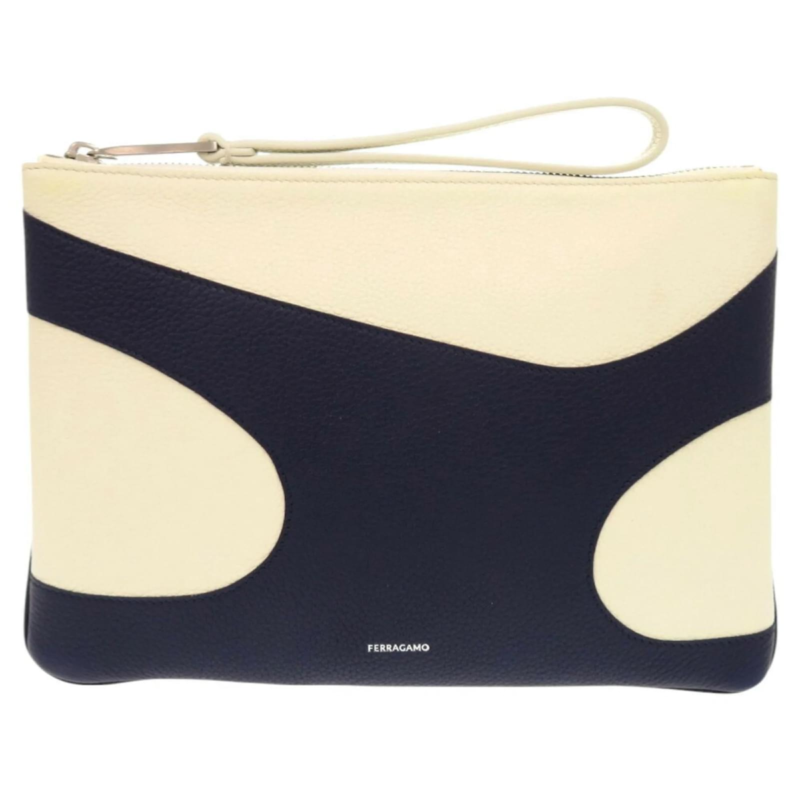Salvatore Ferragamo Leather Clutch Bag Cream Navy blue  ref.2136205
