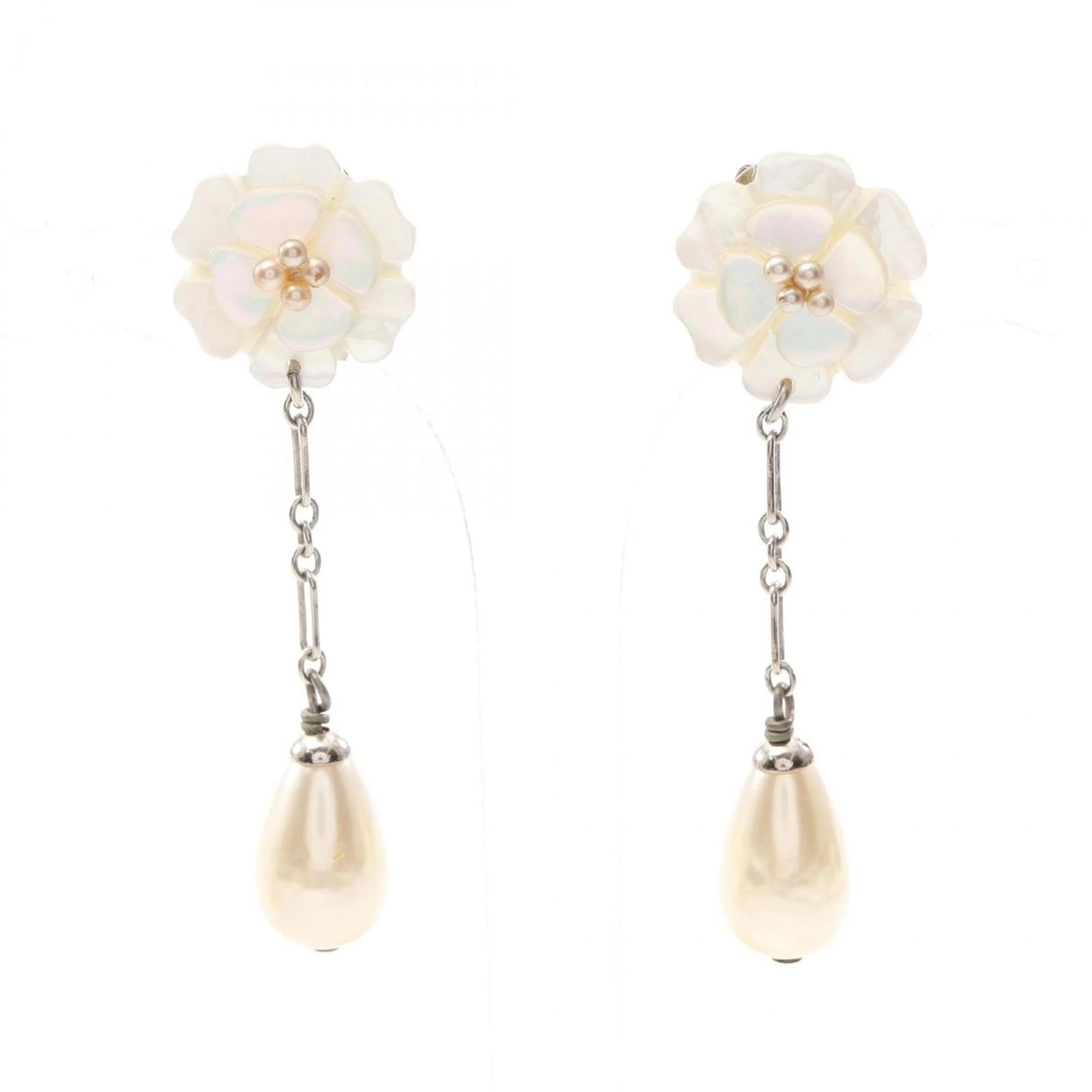 Chanel Camellia Clip Earrings Silvery Cream Steel Pearl  ref.2320820