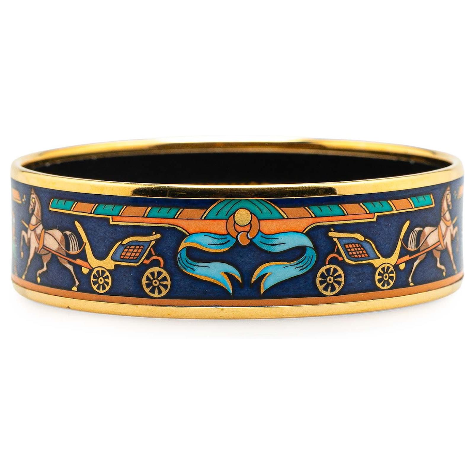 Hermès Blue Wide Horse Carriage Enamel Bangle 62 Gold-plated  ref.2320497