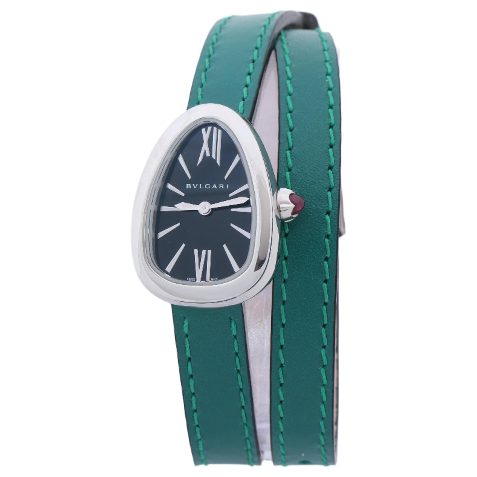 Bulgari Serpenti SPS27 1NJ2IT SS & Leather QZ Black Dial Watch Green Steel  ref.2319560