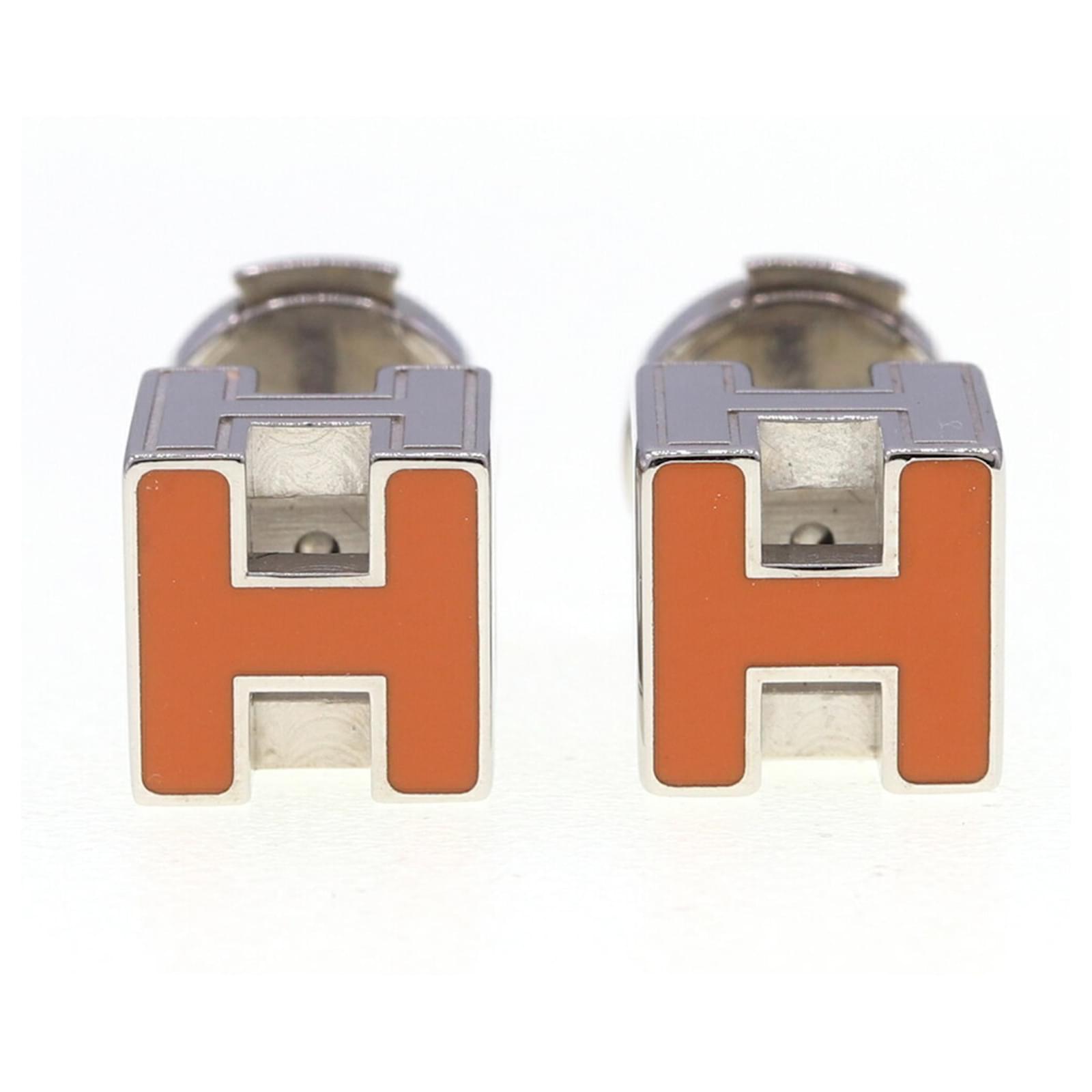 Hermès Hermes Cage d'Ash Stud Earrings Silvery Orange Metal  ref.2309068