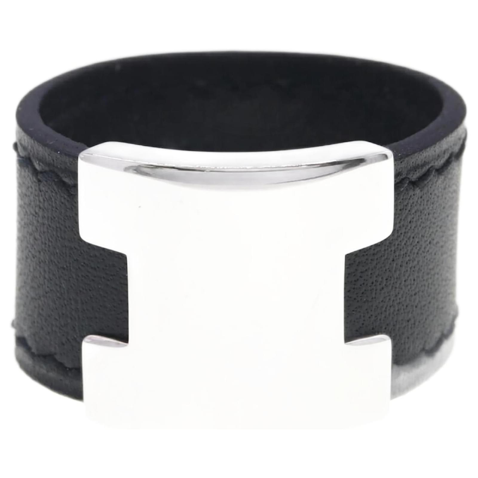 Hermès Hermes Black Leather and Metal Band Ring  ref.2309058