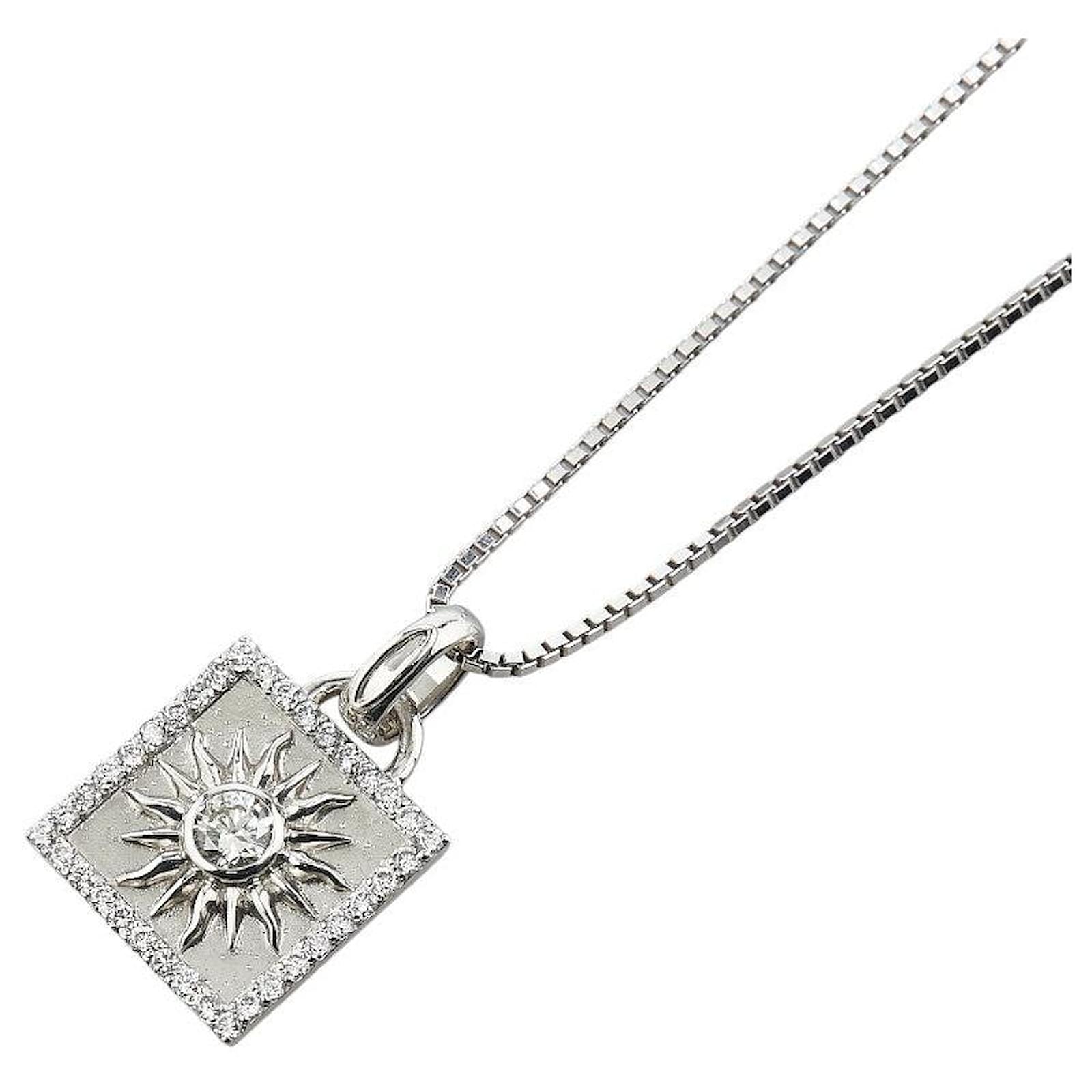 Autre Marque Au750 White Gold Pt950 Platinum Square Sun Necklace Silvery Metal Diamond  ref.2327149
