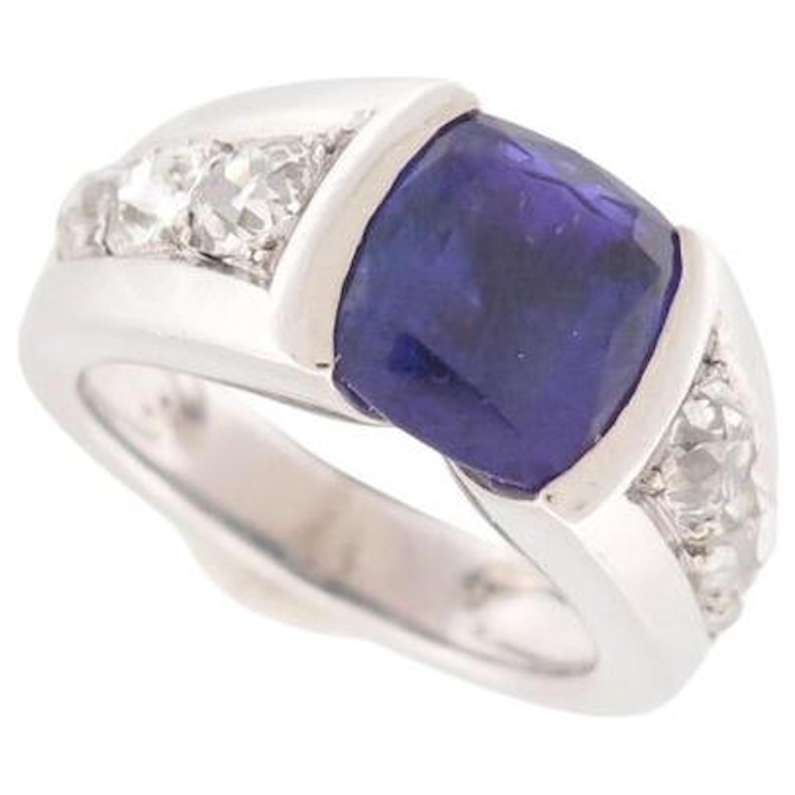 Autre Marque Tanzanite ring set with 5 ct stone and 6 diamonds 1.3 ct T57 in white gold 12.9 g Silvery  ref.2146109