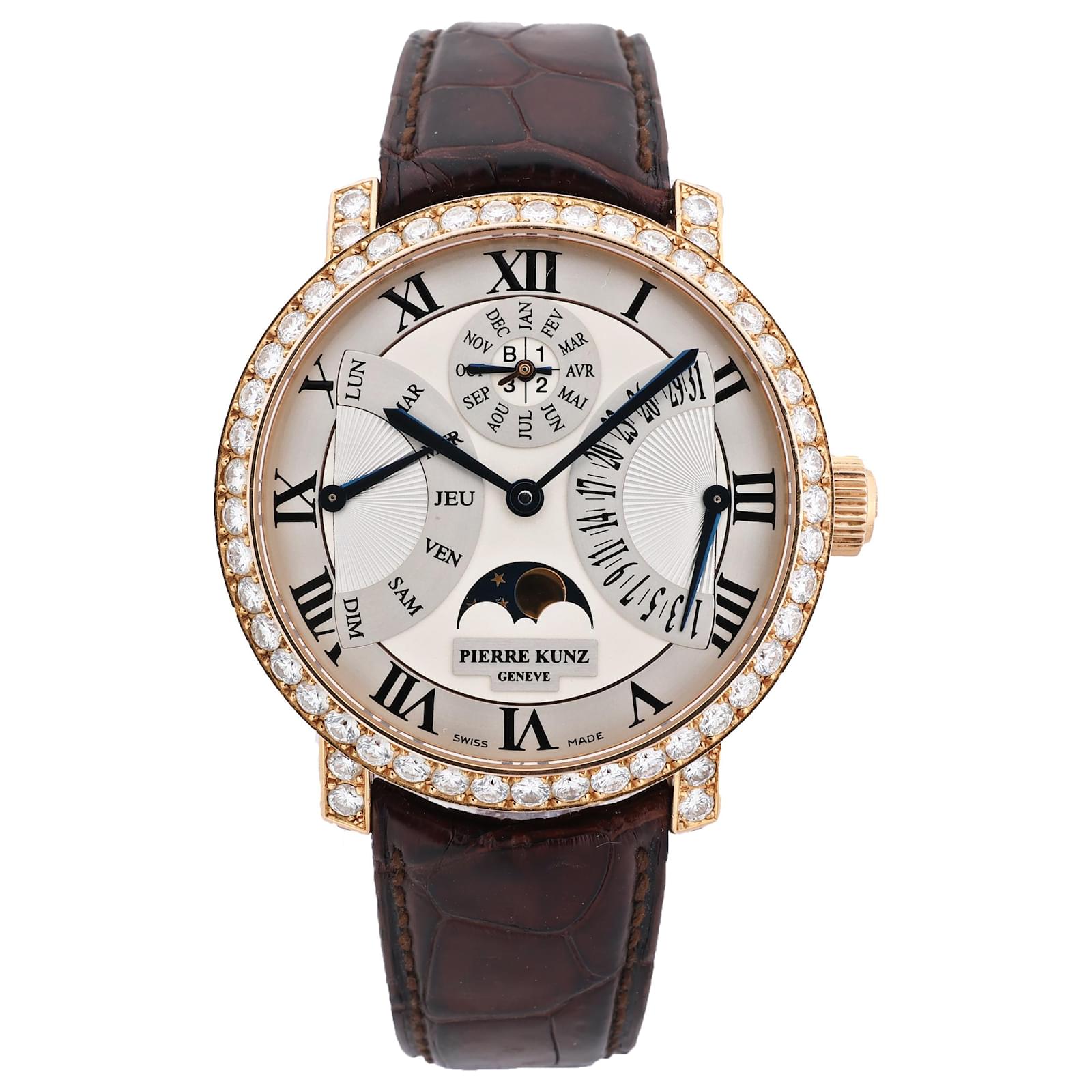 Autre Marque Pierre Kunz Pepretual Calendar PKA 003 QPR Leather x RG, Diamonds AT Silver-Face Watch Brown Pink gold  ref.2319787