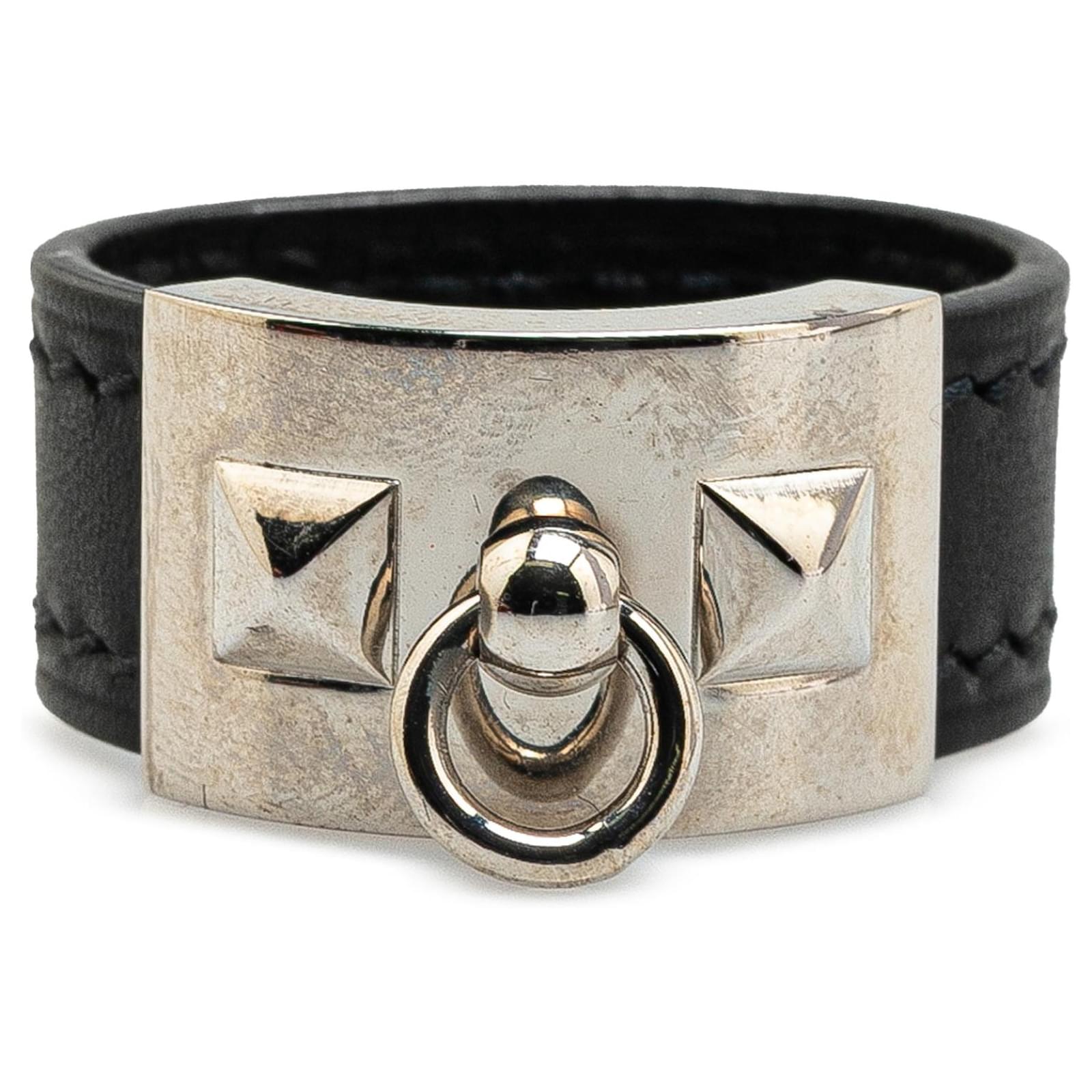 Hermès Black Leather and Palladium Plated Collier de Chien Ring Silvery Metal Pony-style calfskin  ref.2308700