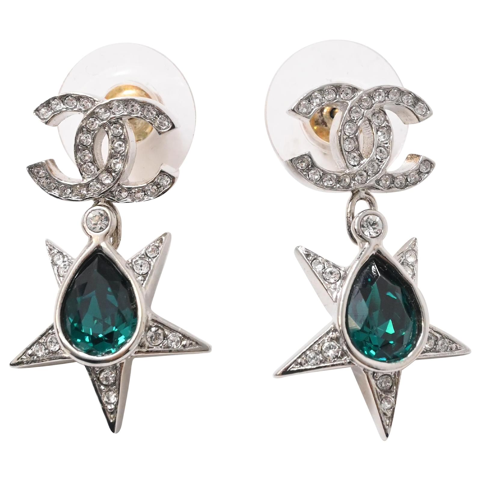 Chanel Crystal CC Star Drop Earrings in Green Metal Silver  ref.2296073