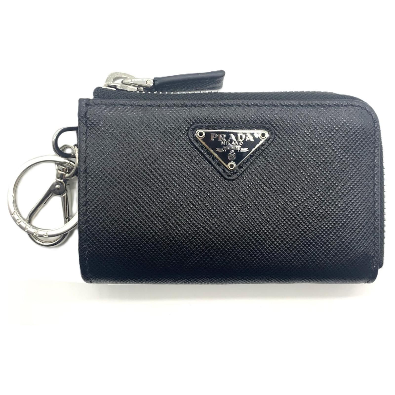 Prada Saffiano Triangle Keyring with Card Holder Wallet/Coin Case Black Leather  ref.2254668