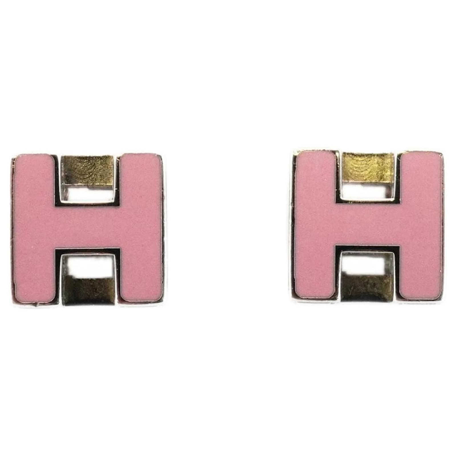 Hermès Hermes H Cube Cage d'Ash Metal Silver Pink Stud Earrings Silvery  ref.2292835