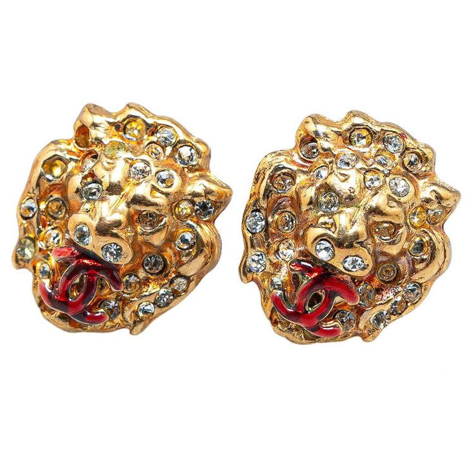 Chanel Gold Plated Coco Mark Rhinestone Lion Earrings 05A Golden Metal  ref.1645058