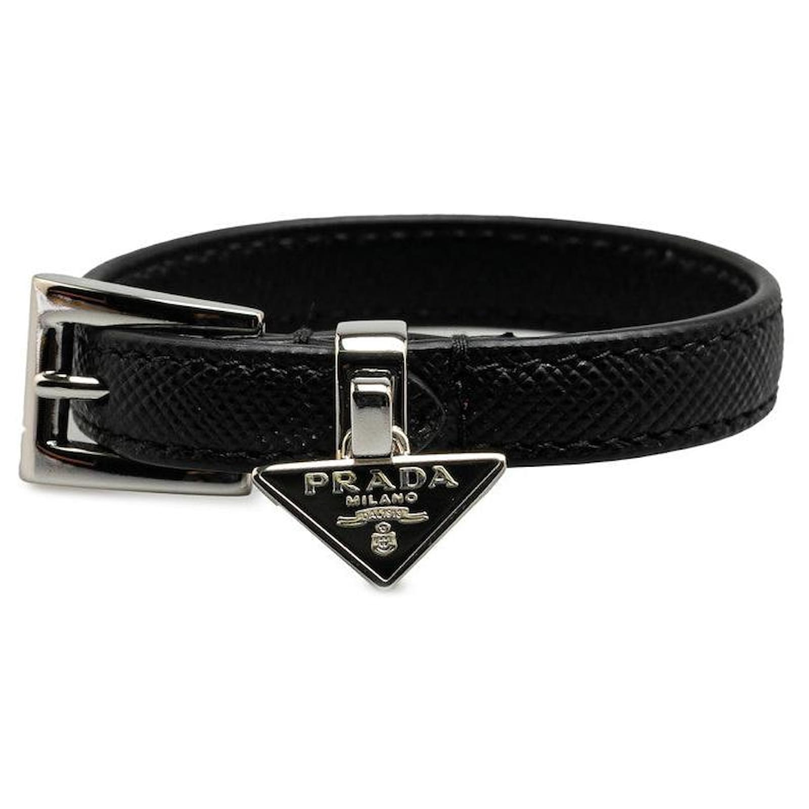 Prada Triangle Logo Plate Leather Bracelet Black  ref.2301929