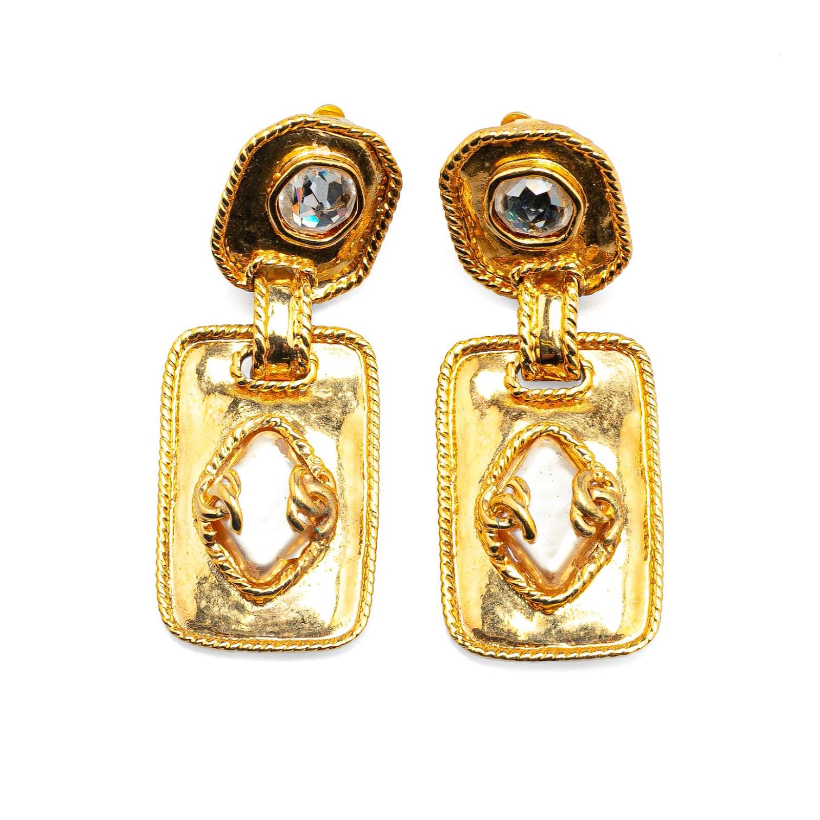 Chanel Gold Gold Plated Rhinestone and Faux Pearl Drop Clip on Earrings Golden Metal Gold-plated  ref.2300866