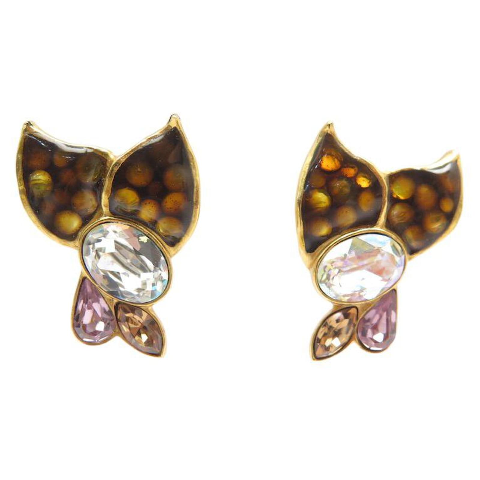 VINTAGE CHRISTIAN LACROIX FLOWER STRASS ENAMEL CLIP EARRINGS Golden Metal  ref.2206371