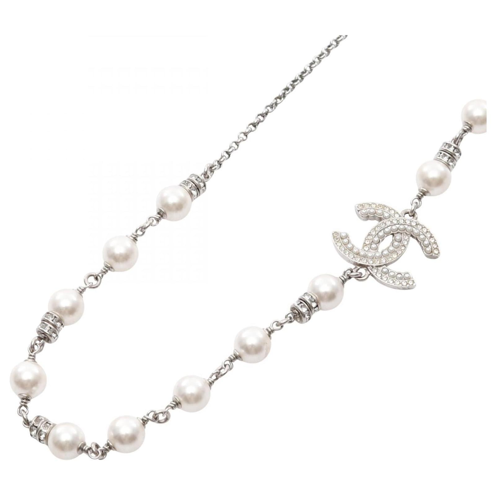 Chanel Coco Mark Pearl Necklace Silvery Metallic Metal  ref.2297765