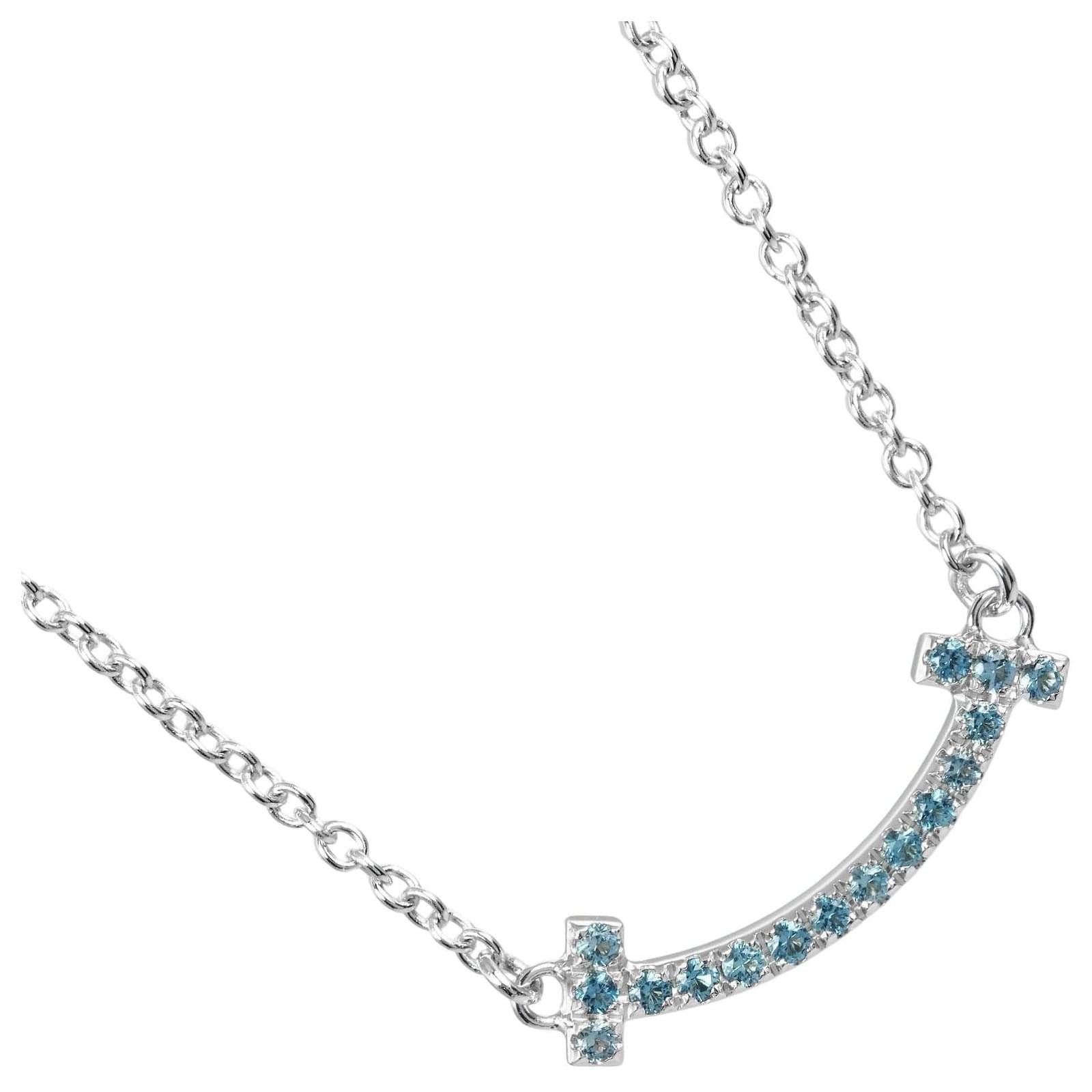 Tiffany & Co T Smile Mini Necklace K18 White Gold Blue Topaz Silvery Metal  ref.1799315