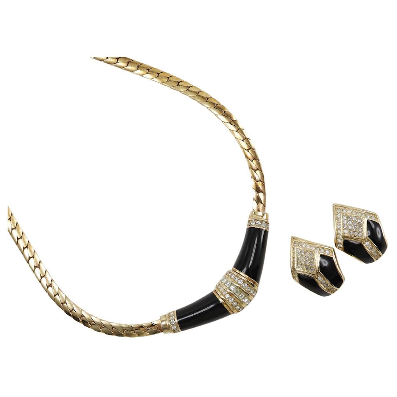 Dior Gold Plated Rhinestone Earrings Necklace Set Golden Metal  ref.1798240
