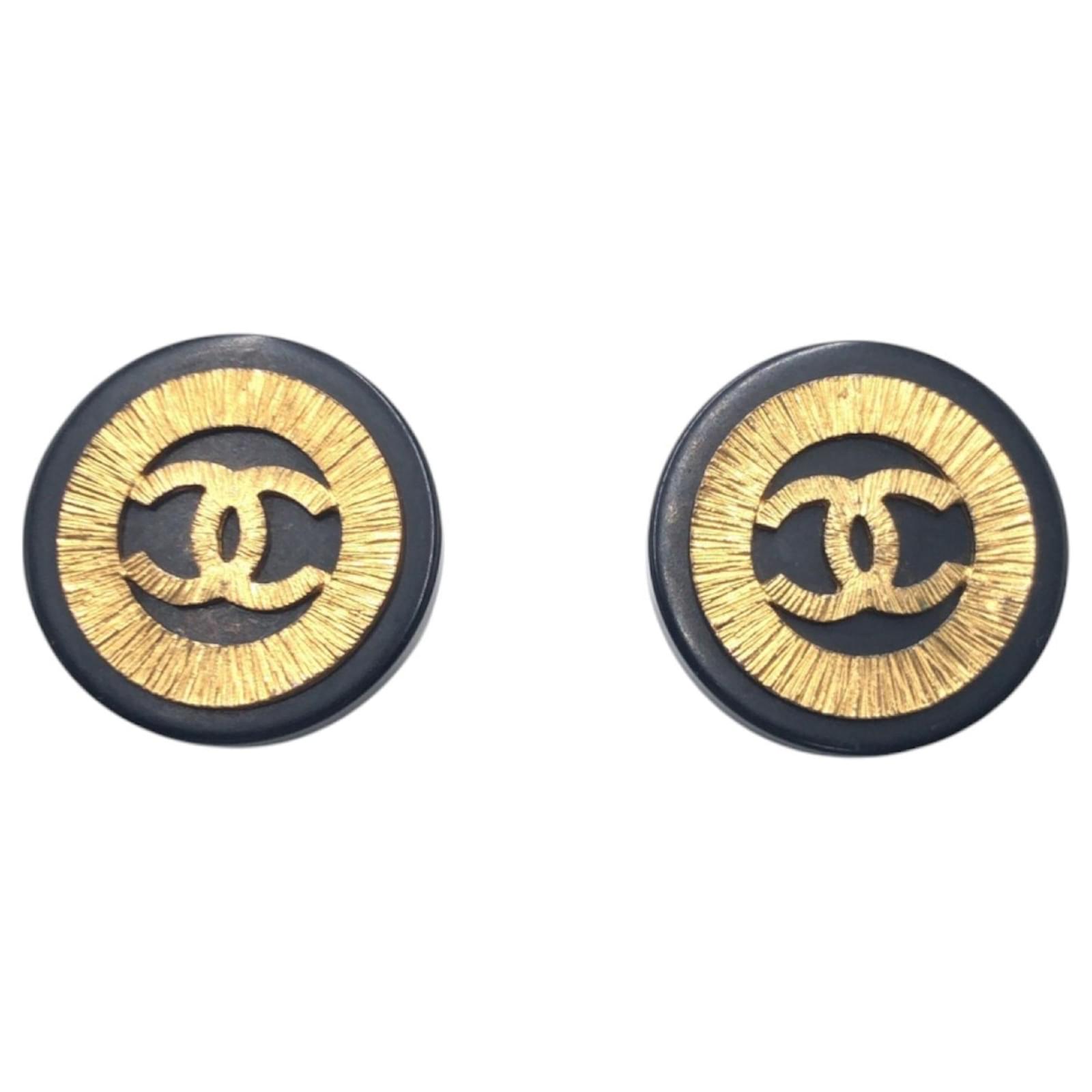 Chanel Vintage 1993 Coco Mark Clip Earrings Black Golden Metal Plastic  ref.2187541